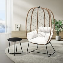 SERWALL Wicker Egg Chair with Side Table, Oversized Outdoor Indoor Lounger Egg Basket Chair Set with Stand Cushion for Patio Porch Bedroom, White
