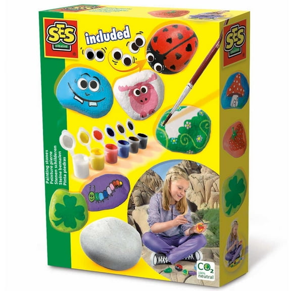 SES Creative: Painting Stones Kit - DIY Rock Painting, Art & Craft Set, 5 Flat Stones & 6 Bright Paint Colors, Paintbrush & Googly Eyes, Kids Ages 5+