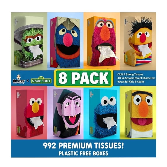 SESAME STREET SNEEZE Facial Tissues - Premium Fun Design Tissues for Kids - Gentle & Absorbent Relief for Sniffles | 8-Pack (992 Total Count/124 Each Box)