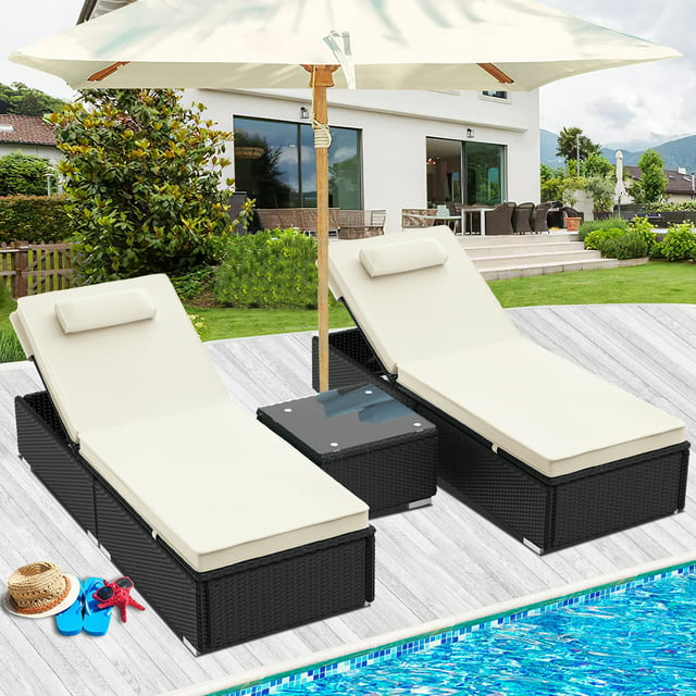 SESSLIFE 2 PCS Lounge Chair for Outside, Adjustable 5 Position Rattan Wicker Outdoor Chaise Lounge with Head Pillow & Thickened Cushion for Poolside, Patio, Garden, Deck (2, Light Beige)