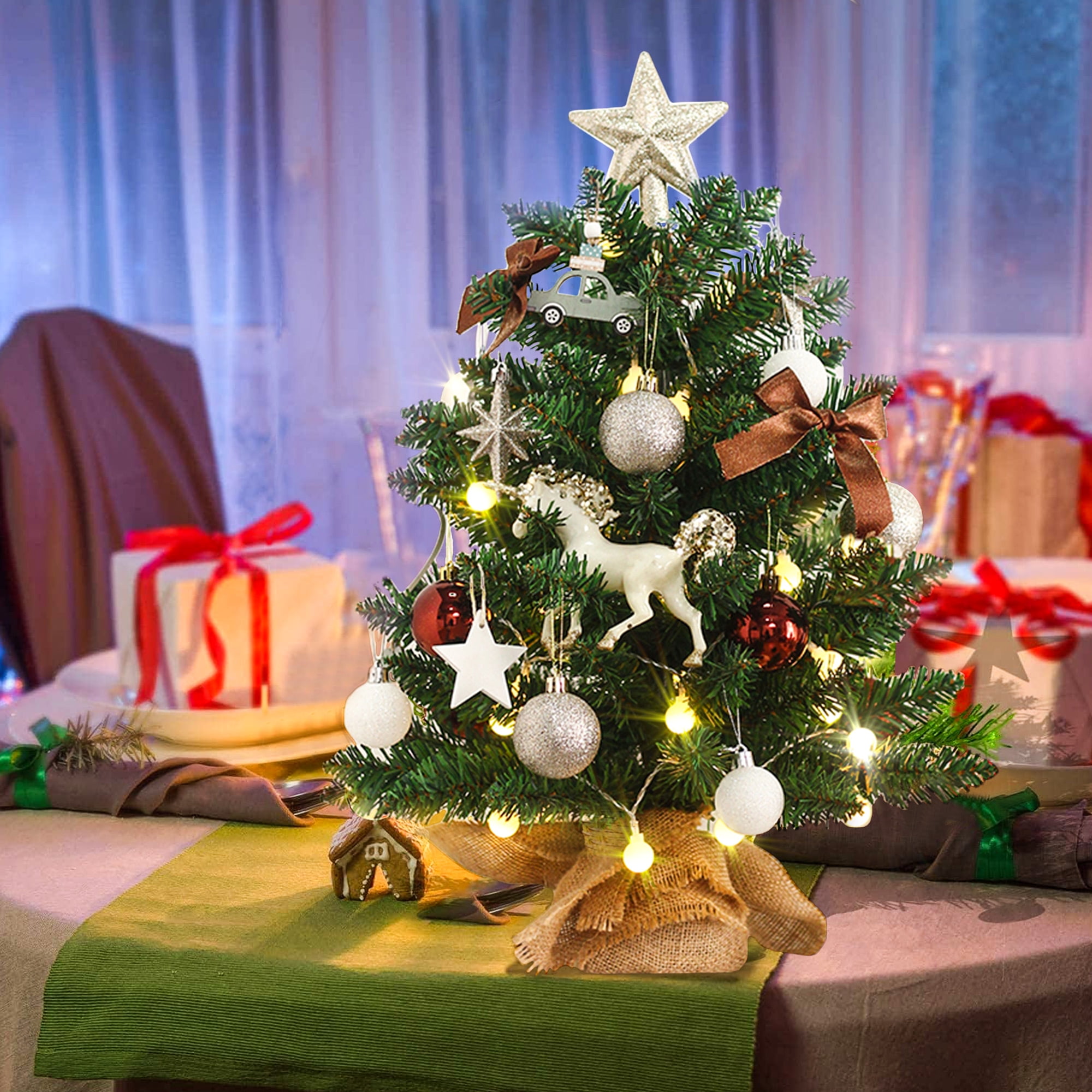 SESSLIFE 20 inch Christmas Tree with Lights, Mini Flocked Tabletop Tree Christmas with Ornaments