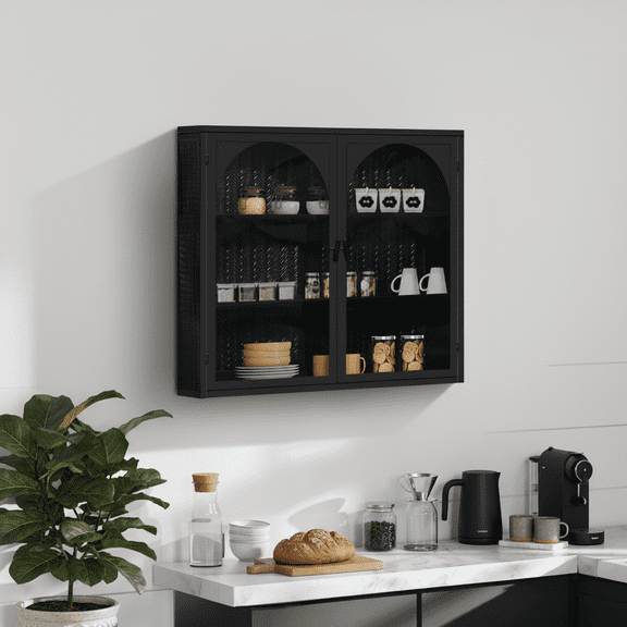 SESSLIFE 27" Arched Wall Cabinet with Glass Doors, Two-Door Three-Tier Storage and Woven Pattern, Wall Mounted or Freestanding for Bathroom, Living Room, Entryway, Black