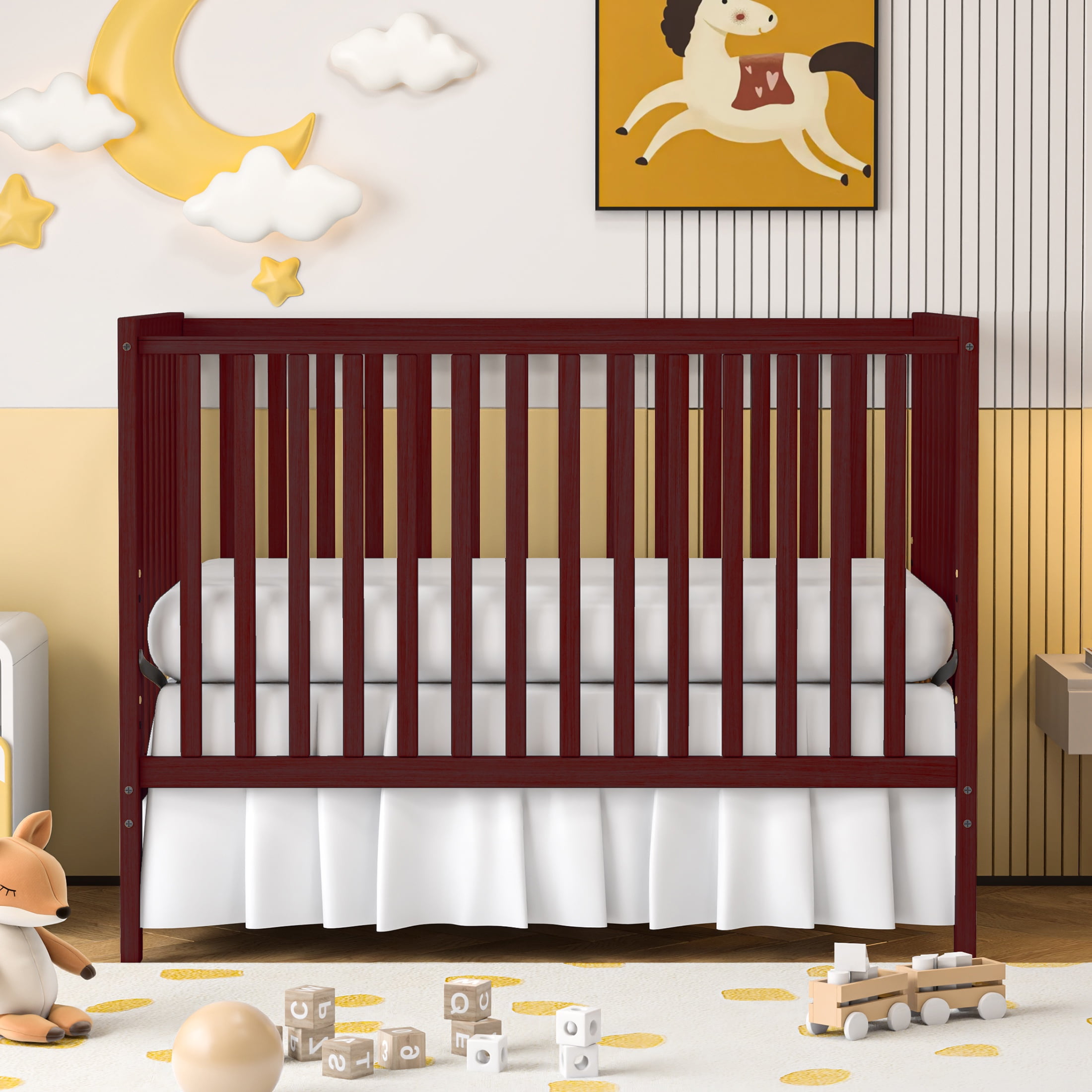 SESSLIFE 5-In-1 Convertible Crib, Cherry Baby Bed, Converts from Baby Crib to Toddler Bed, Fits Standard Full-Size Crib Mattress(Not Included)