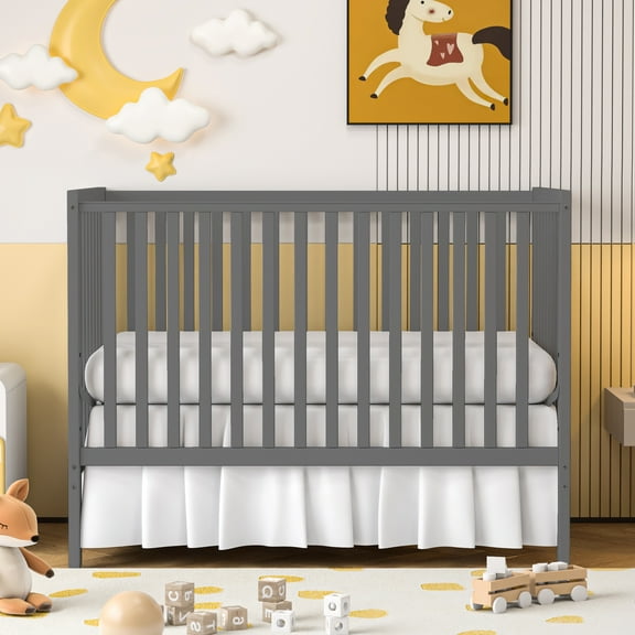 SESSLIFE 5-In-1 Convertible Crib, Gray Baby Bed, Converts from Baby Crib to Toddler Bed, Fits Standard Full-Size Crib Mattress(Not Included)