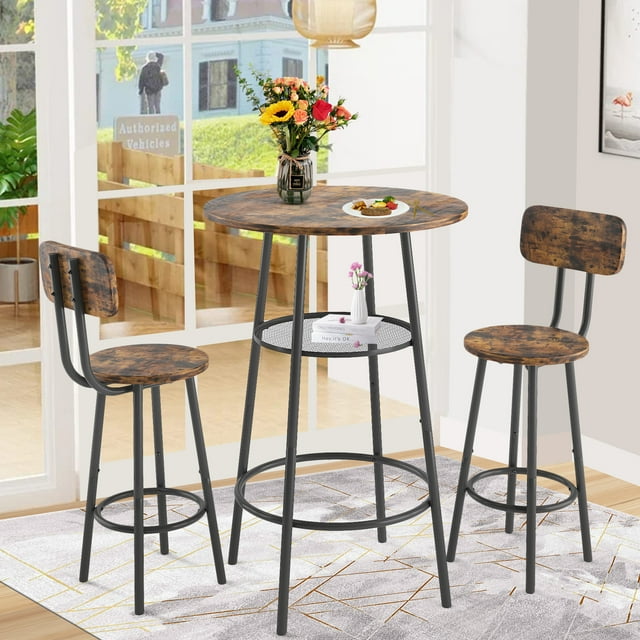 SESSLIFE 3Piece Round Bar Table Set for 2, Wood Tabletop and Chairs