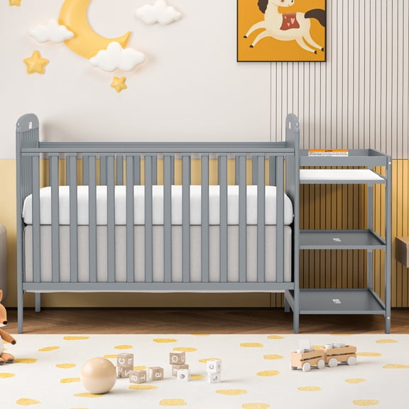 SESSLIFE 3-in-1 Convertible Crib and Changer, Crib and Changing Table, Converts to Toddler Bed, Daybed and Full-Size Bed, Easy Assembly, 3 Adjustable Heights, Gray