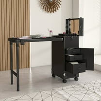 SESSLIFE 3-in-1 Manicure Table Nail Desk, Rolling Portable Manicure Table with LED Mirror and Lockable Drawers for Beauty Salons, Black