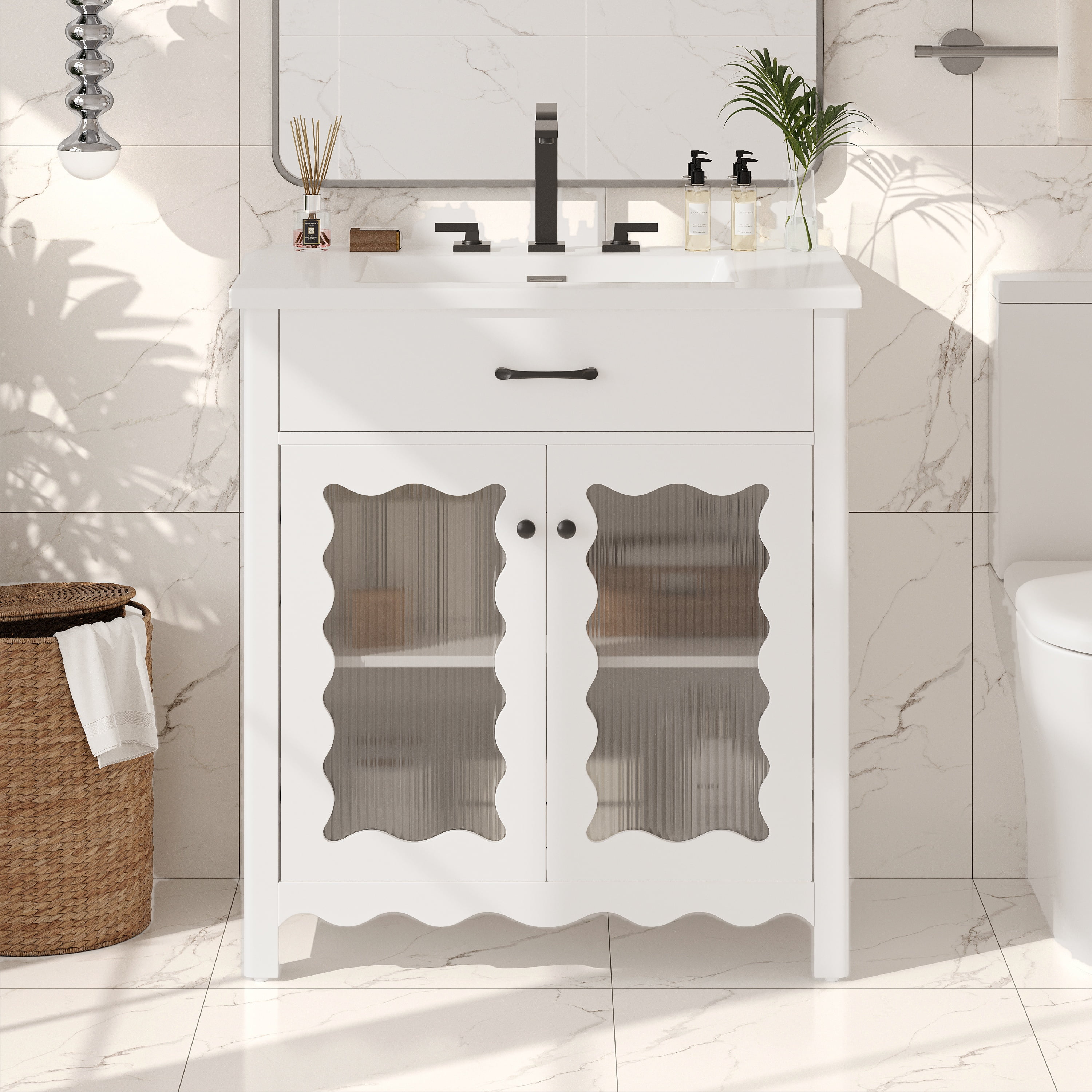 SESSLIFE 30 Inch Bathroom Vanity with Sink, White Bathroom Cabinet with Vertical Striped Tempered Glass Doors, Soft Close Doors, Rubber Wood Legs, Single Sink Vanity