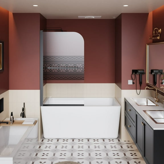 SESSLIFE 32x55" Bohemian Shower Door, Elegant Patterned Tempered Glass with Stainless Steel Handle, Pivot Hinge for Bathtub, Anti-Leak Seal Bathroom Door for Bathtub Use, Matt Black