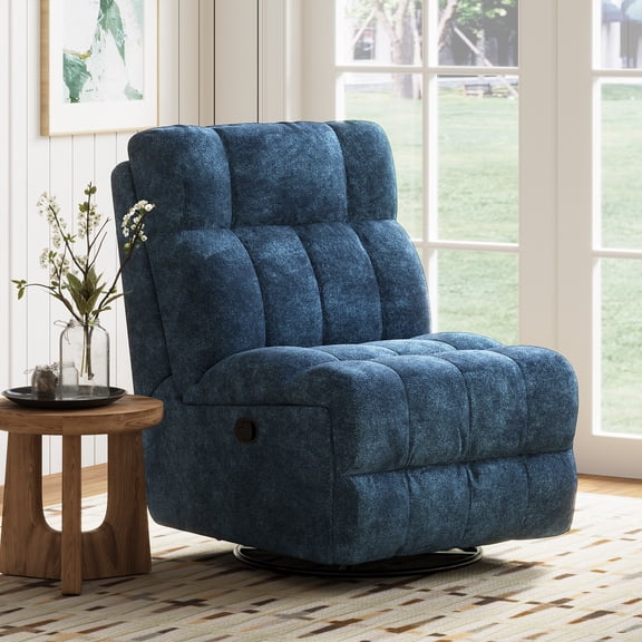 SESSLIFE 360° Swivel Rocker Recliner Chair, Chenille Manual Recliner Chair with Rocking Motion, Nursery Recliner Chair for Adults, Small Space Recliner for Living Room, Blue