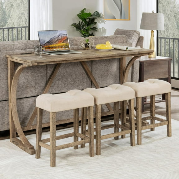 SESSLIFE 4 Piece Bar Table Set with Power Outlet, Counter Height Pub Table with 3 Linen Stools, Industrial Kitchen & Dining Room Table Set for Breakfast Nook, Living Room