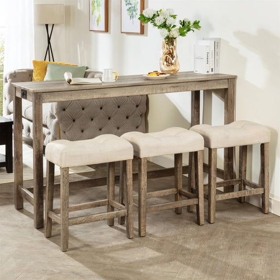 SESSLIFE 4 Piece Bar Table Set with Power Outlet, Counter Height Pub Table with Padded Stools, Behind the Couch Table Set for Living Room,Dining room, Brown