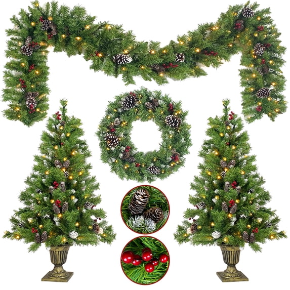 SESSLIFE 4 Pieces Pre-lit Christmas Set, Garland + Wreath + Set of 2 Entrance Trees 4ft, Artificial Xmas Tree Set with Lights, Pine Cones and Red Berries, TE1971