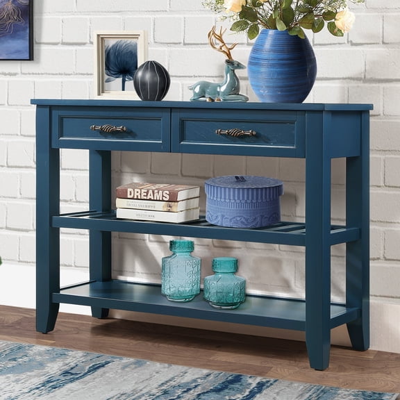 SESSLIFE 42 Inch Solid Wood Console Sofa Table with 2 Drawers and 2 Tier Shelves, Mid-Century Entryway Table Buffet Sideboard for Living Room Hallway Kitchen, Navy Blue