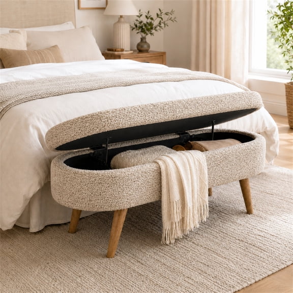 SESSLIFE 43.5" Ottoman with Storage, Storage Ottoman Bench with Safety Hinge, Boucle End of Bed Bench, Upholstered Entryway Bench for Bedroom, 250 lb Capacity, Brown