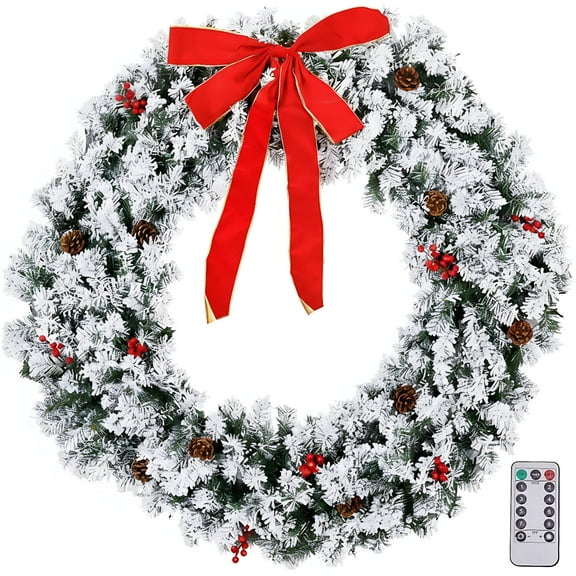 Large Artificial Christmas Wreath with Snow Flocked Design and Red Bow, 48in Pre-Lit LED Wreath with 450 PVC Tips for Indoor Outdoor Wall Decor, Holiday Home Accent