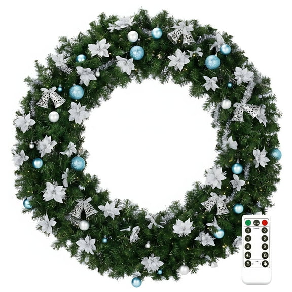 48in Pre-Lit Christmas Wreath with Remote Control, SESSLIFE Large Artificial Wreath with 150 Dual White LEDs and 11 Modes for Outdoor Front Door, Gate, Wall, Light Green