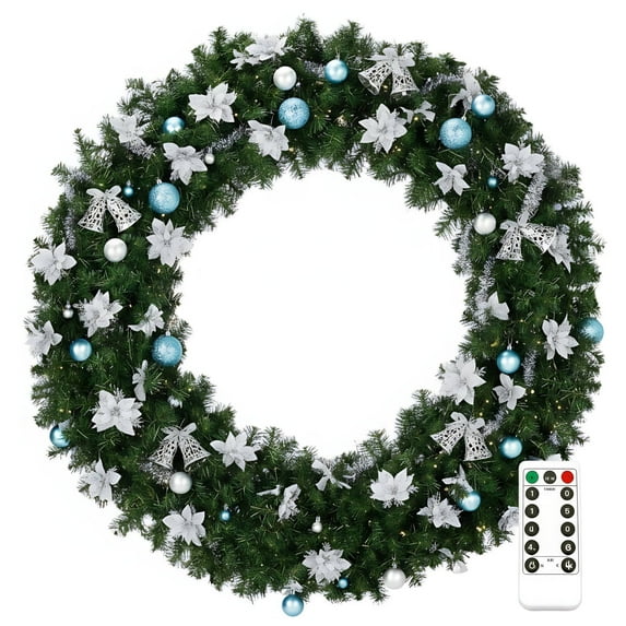 48in Pre-Lit Christmas Wreath with Remote Control, SESSLIFE Large Artificial Wreath with 150 Dual White LEDs and 11 Modes for Outdoor Front Door, Gate, Wall, Light Green