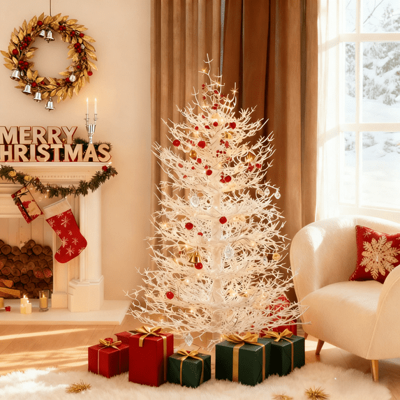 SESSLIFE 4FT Pre-lit Artificial Christmas Tree, Snow Flocked Coral Design with 230 Warm White LED Lights, Easy Assembly Hinged Tree for Home Holiday Decor, White