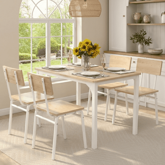 SESSLIFE 5 Piece Dining Table Set with 4 Chairs, Table and Chairs Set for 4 Persons, Metal Frame & Wood Seat, Home Kitchen Breakfast Table, Natural