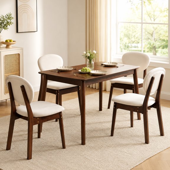 SESSLIFE 5-Piece Dining Table Set, Modern Wood Dining Table with 4 Fabric Upholstered Chairs, Dining Room Table Set for 4, Kitchen Table Set for Small Spaces, Walnut and White