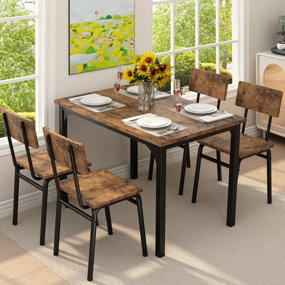 SESSLIFE 5 Piece Dining Table Set with 4 Chairs, Table and Chairs Set for 4 Persons, Metal Frame & Wood Seat, Home Kitchen Breakfast Table, Brown