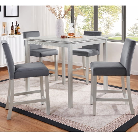 SESSLIFE 5 Piece Modern Dining Set for Home, Kitchen, Wooden Dining Square Table Set, Counter Height Table Set with 4 Upholstered Chairs, Silver Grey