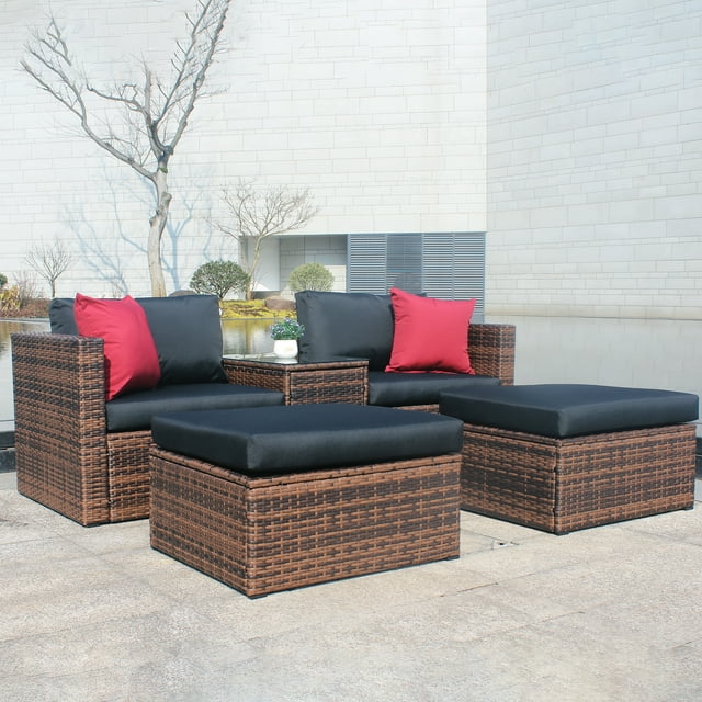 SESSLIFE 5 Piece Outdoor Wicker Sofa Set, Patio Sectional Furniture with Table, Ottoman and Rain Cover, Brown Rattan Lawn Porch Poolside Conversation Sets, TE2658