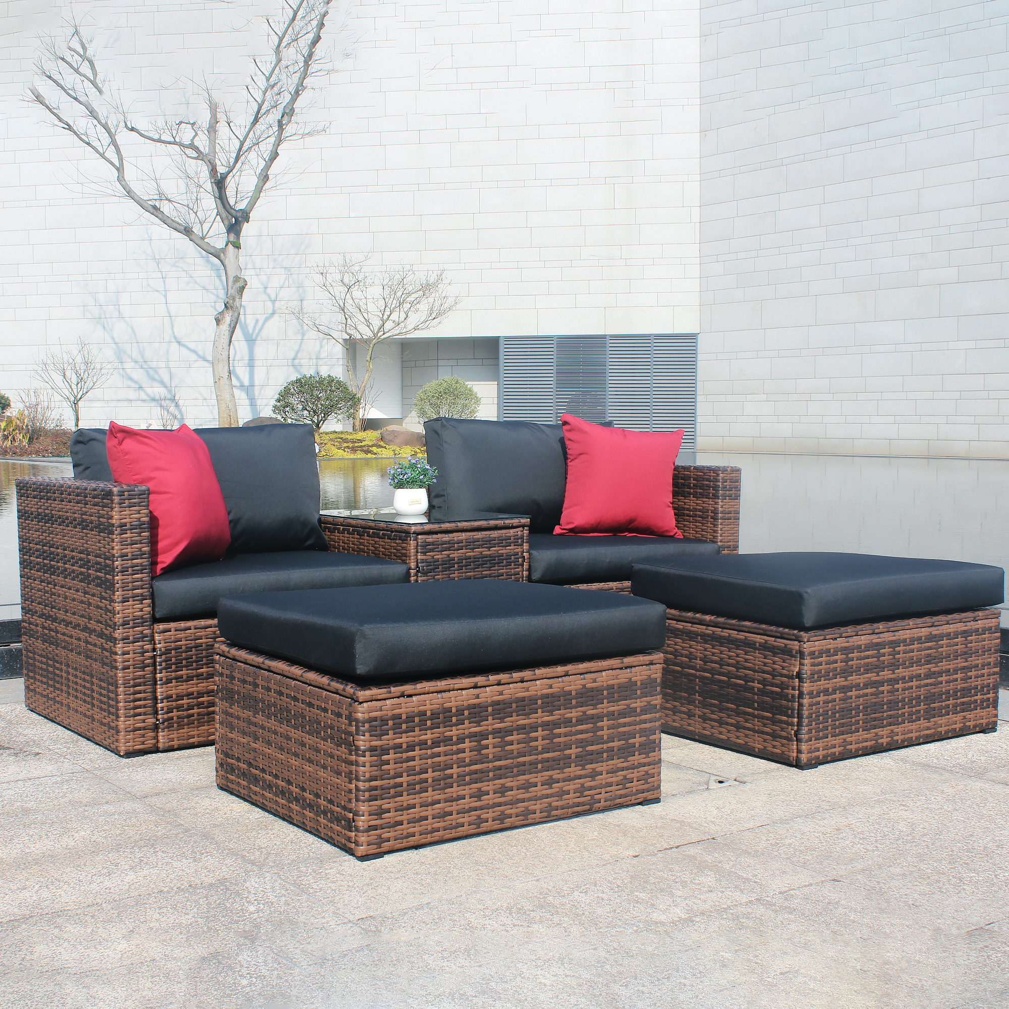 SESSLIFE 5-Piece Patio Conversation Set, Brown Rattan Patio Sectional Sofa with 2 Corner Chairs, 2 Ottomans, 1 Coffee Table, Patio Couches Sets for Porch Garden Balcony, TE2659 - image 1 of 5