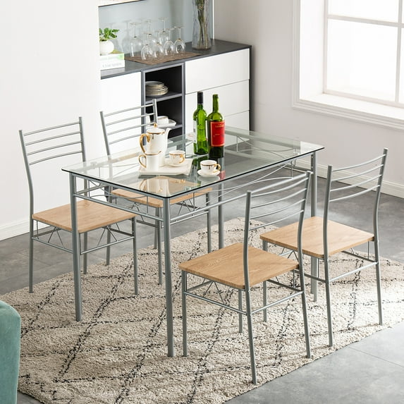 SESSLIFE 5 Piece Table and Chairs Set, Modern Dining Table with 4 Chairs, Iron Glass Dining Table and Chairs Set, Home Kitchen Breakfast Table Set