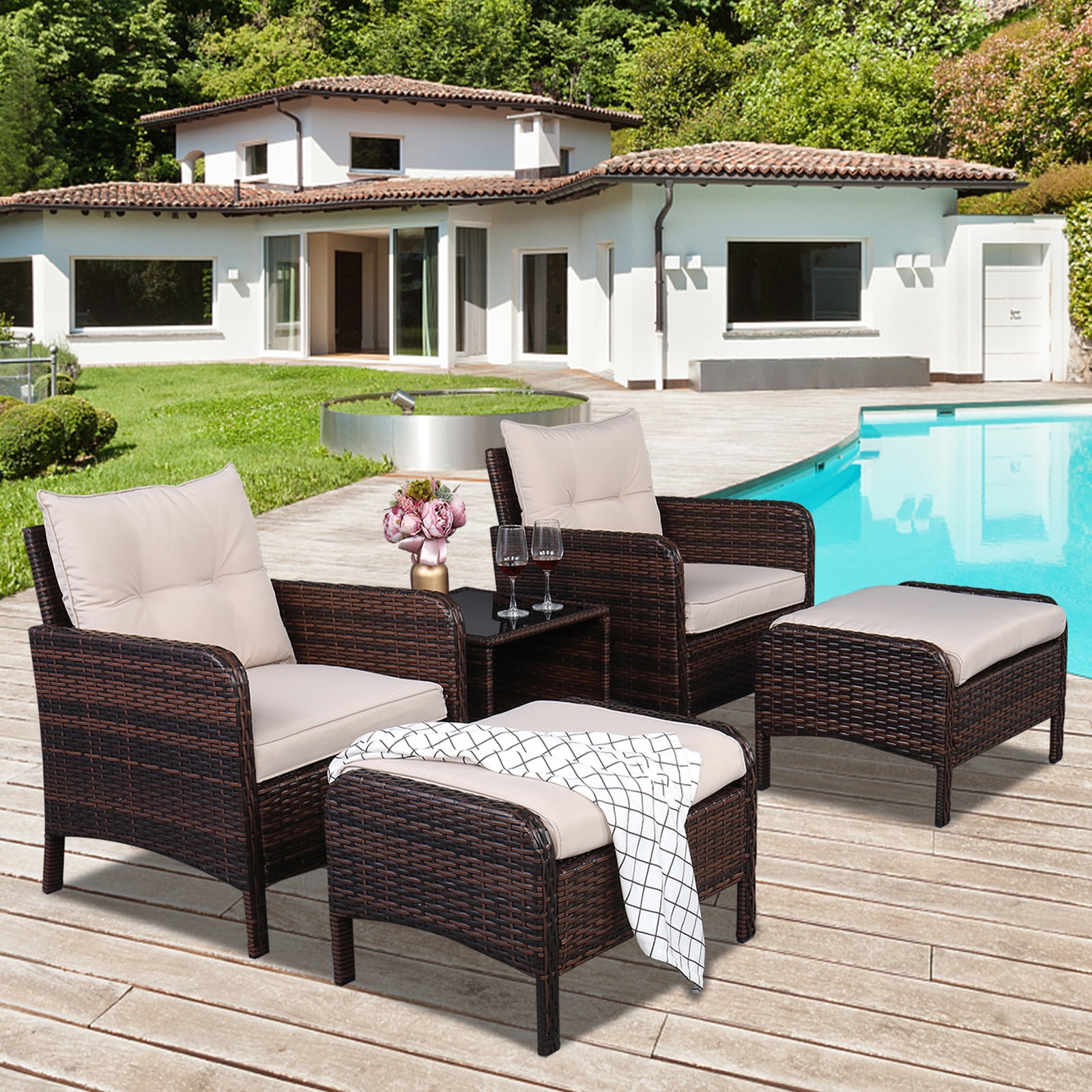 5 Pieces Patio Furniture Set, Outdoor Conversation Set with Wicker Cool Bar Table, 2 Chairs and 2 Ottomans, Chair Set with A-cacia Wood Legs and Cushions, for Porch Backyard Balcony Poolside, Brown