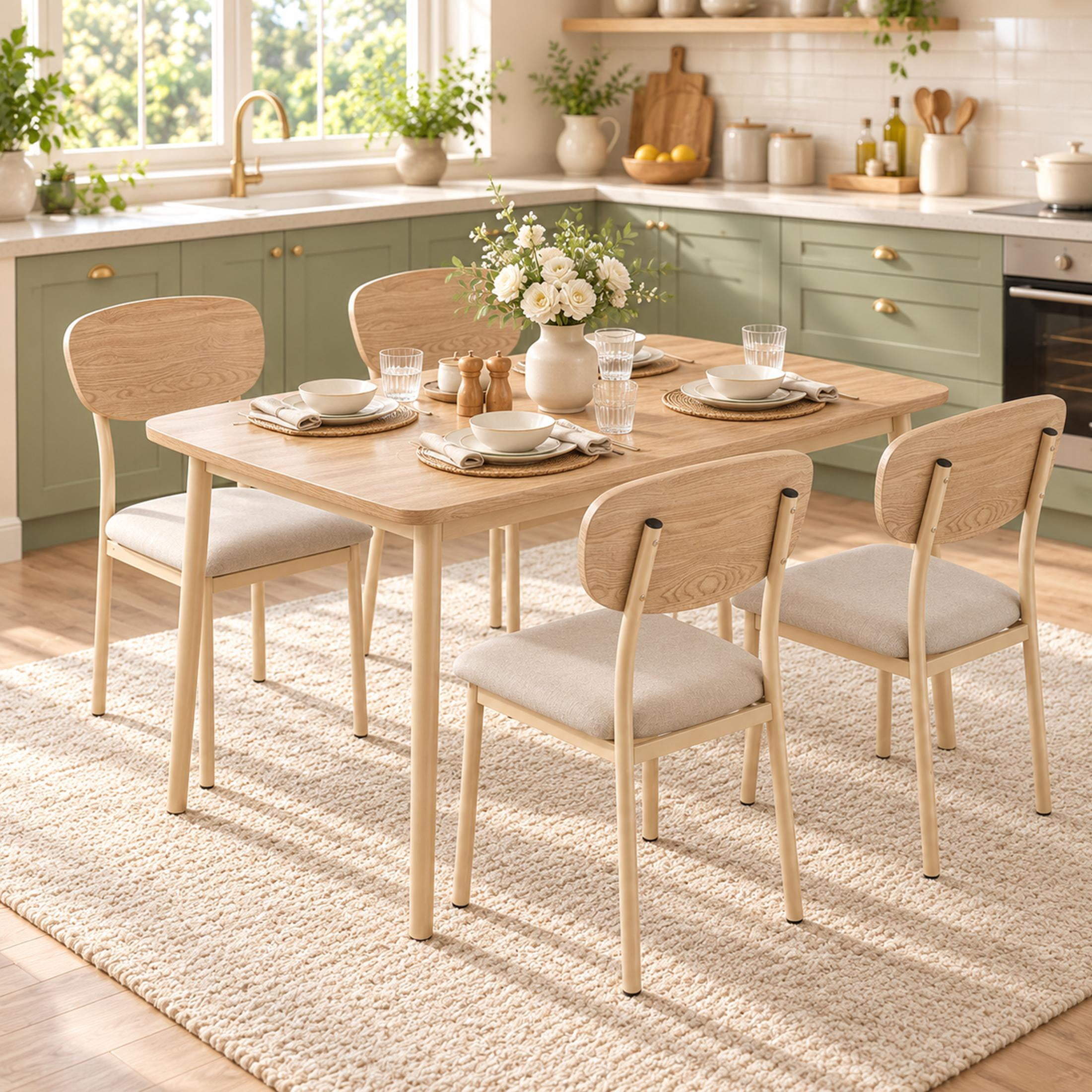 SESSLIFE 5 Pieces Dining Table Set, Modern Kitchen Table and 4 Chairs for Breakfast Small Spaces, Natural and Beige