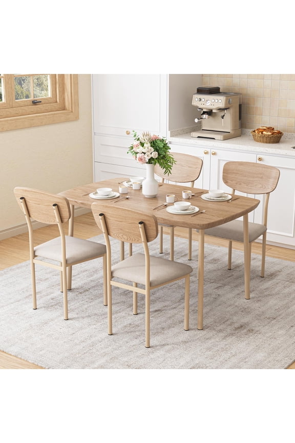 5 Pieces Dining Table Set, Modern Kitchen Table and 4 Chairs for Breakfast Small Spaces, Natural and Beige