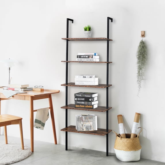 SESSLIFE 5-Shelf Tall Bookcase, Wall Mount Bookshelf, Rustic Brown Wood with Rustic Brown Metal Frame