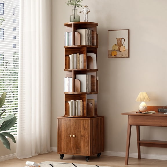 SESSLIFE 5 Tier Rotating Bookshelf, 360° Spinning Corner Bookcase for Small Space, Tall Narrow Wood Book Storage with Wheels, Space Saving Organizer for Living Room, Walnut
