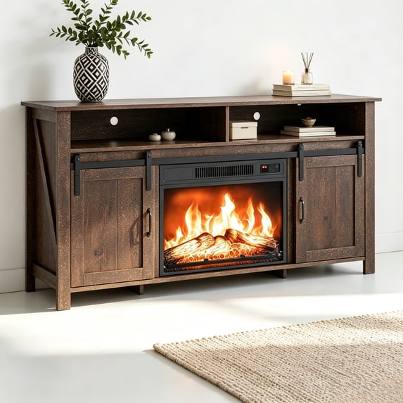 SESSLIFE 58" Fireplace TV Stand for TVs up to 65", Farmhouse Entertainment Center with Electric Fireplace, Sliding Barn Doors and Storage Cabinets, Walnut