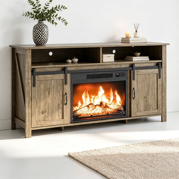 SESSLIFE 58" Fireplace TV Stand for TVs up to 65", Farmhouse Entertainment Center with Electric Fireplace, Sliding Barn Doors and Storage Cabinets, Washed Gray