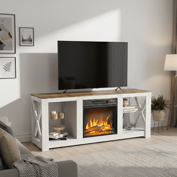 SESSLIFE 58 Inch Fireplace Cabinet with Electric Fireplace Insert, Farmhouse Fireplace Console with Double-Sided Cross Design, Storage Furniture for Living Room, White & Brown
