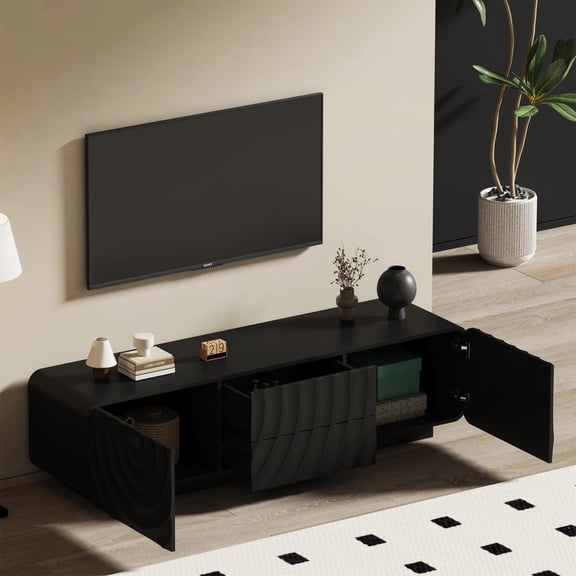 SESSLIFE 58" TV Stand for 50-59 Inch TVs, Entertainment Center with Spiral Wave Doors & Storage, TV Console for Living Room,Black