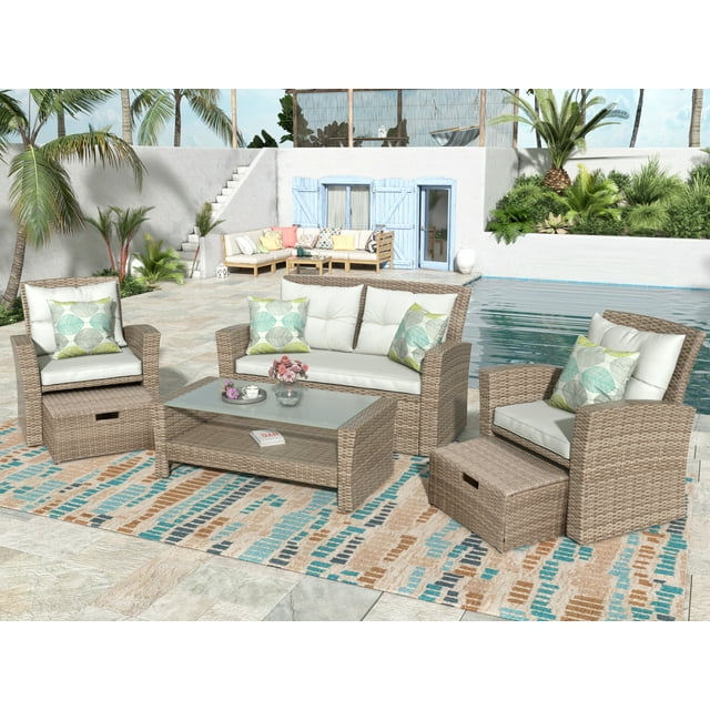 SESSLIFE 6 Piece Wicker Patio Furniture Set, Outdoor Sectional Sofa with Table, Ottoman and Washable Cushions, Patio Seating Sets for Lawn Porch Poolside