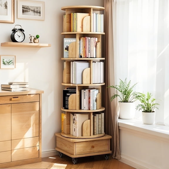 SESSLIFE 6 Tier Rotating Bookshelf Tower with Wheels and Drawer, 360° Spinning Bookcase for Small Spaces, Vertical Round Storage Shelf for Bedroom Living Room Office, Wood