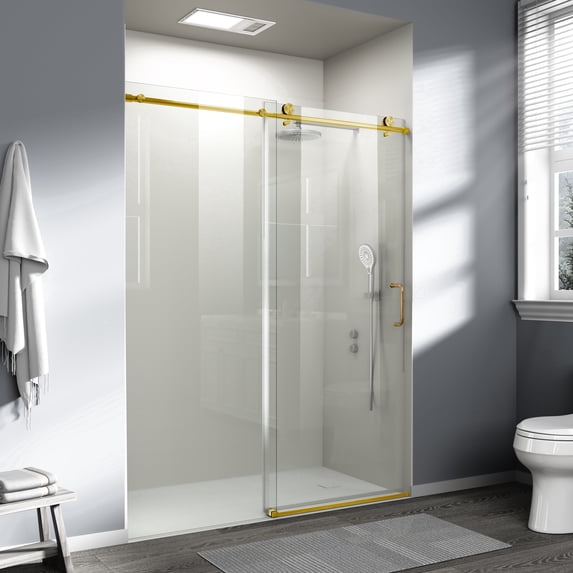 SESSLIFE 56–60"Wx76"H Frameless Sliding Shower Door, 1/4 Inch Adjustable Tempered Glass with Installation Guide, Anti-Leak Seal for Walk-in Shower, Golden