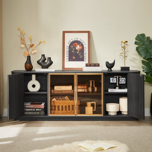 SESSLIFE 64" Wavy TV Stand with LED Lights, Modern Media Console with Tempered Glass Doors, Push-Open Storage Cabinet, Black Entertainment Center