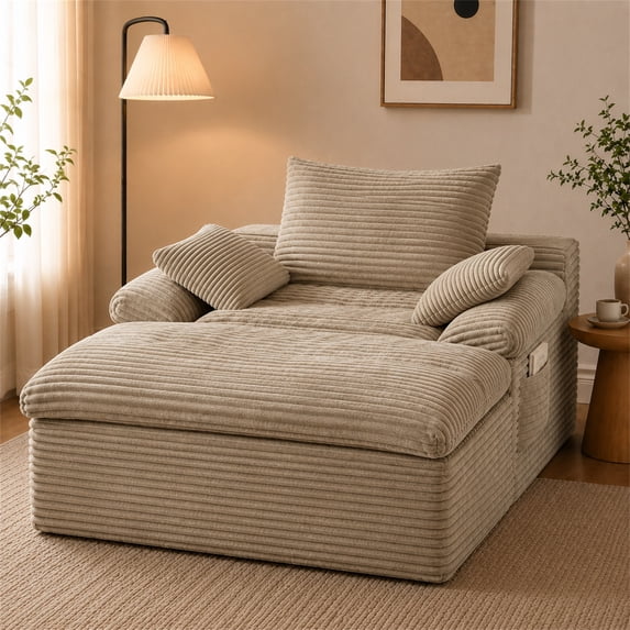 SESSLIFE 65" Oversized Chaise Lounge Chair Indoor, Corduroy Boneless Sofa Bed with Wide Armrest 3 Pillows, Upholstered Cloud Sofa Couches for Living Room, No Assembly Require, Camel