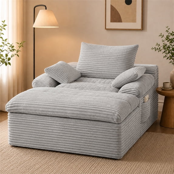 SESSLIFE 65" Oversized Chaise Lounge Chair Indoor, Corduroy Boneless Sofa Bed with Wide Armrest 3 Pillows, Upholstered Cloud Sofa Couches for Living Room, No Assembly Require, Light Gray