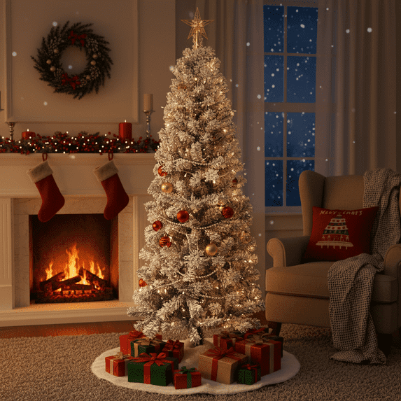 SESSLIFE 6FT Artificial Christmas Tree, Slim Profile 23.6in Width with 320 Branch Tips, Easy Fluffing Hinged Branches, Sturdy Iron Base, Holiday Centerpiece for Any Room