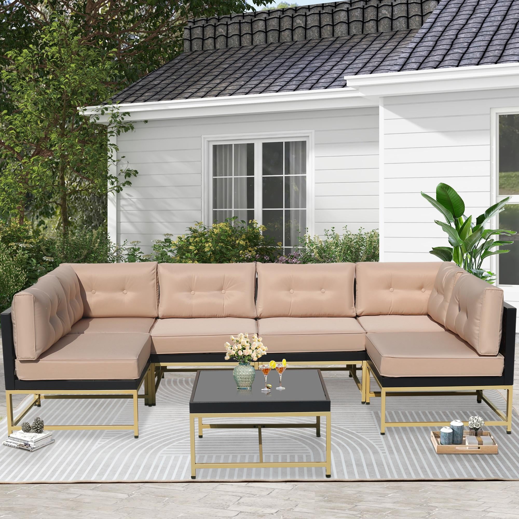 SESSLIFE 7 Pcs Patio Sofa Couch Sets, Brown Rattan Outdoor Sectional