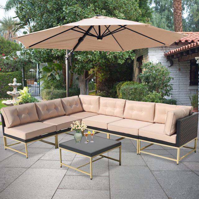 7 Pieces Rattan Sofa Patio Furniture Sets, Brown Wicker Outdoor