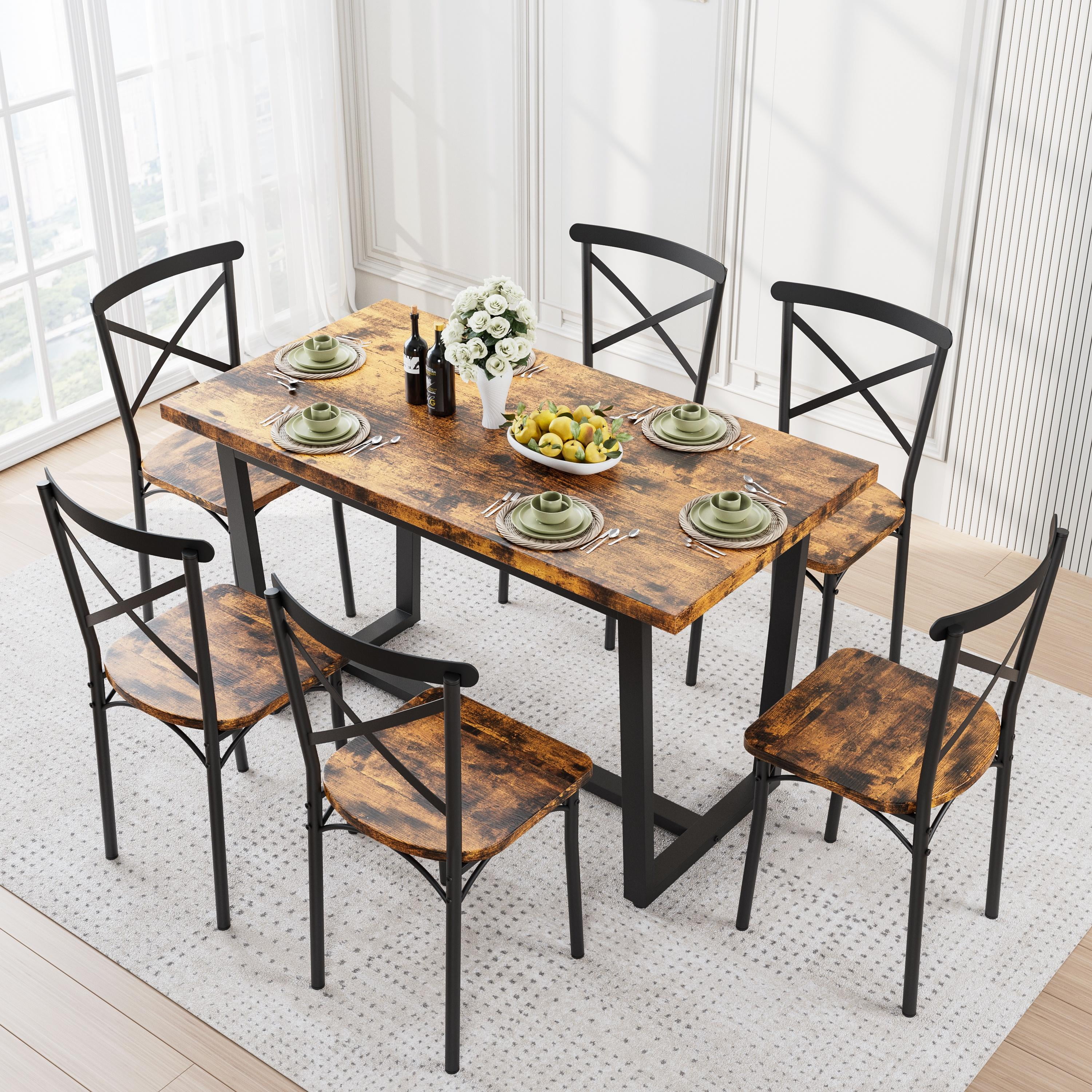 SESSLIFE 7Piece Rectangular Wooden Dining Table Set with 6 Chairs