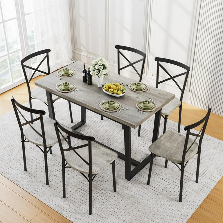SESSLIFE 7 Pieces Dining Table Set Modern Kitchen Wood Table and 6 Chairs for Breakfast Small Spaces Gray
